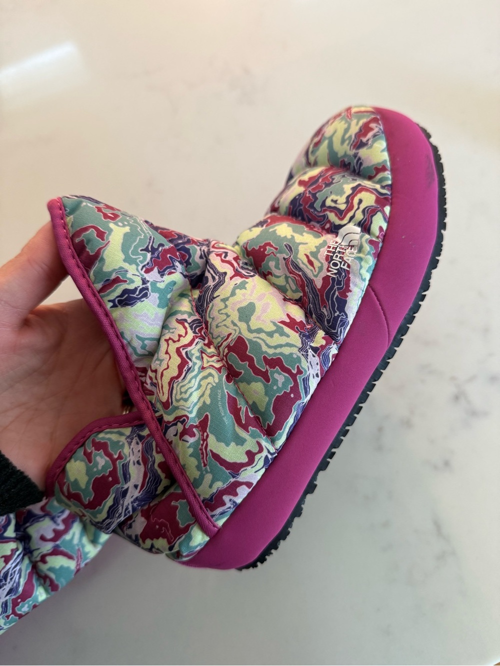 The North Face Thermoball Slide with Pink & Teal Topographic Print